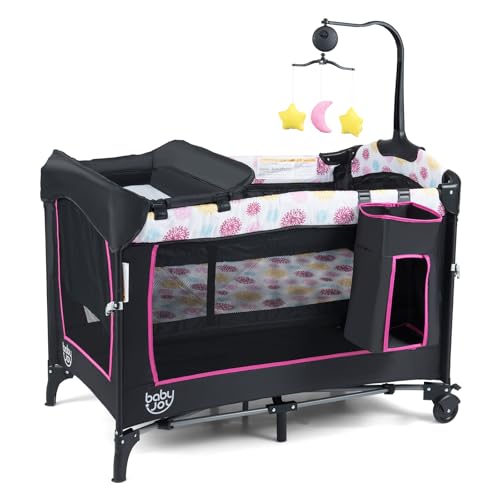Image of BABY JOY 4 in 1 Pink Pack and Play, Baby Bedside Sleeper with 3 Adjustable Heights, Music Box, Foldable Bedside Crib w/Changing Table, Baby Playards with Bassinet from Newborn to Toddlers Rose