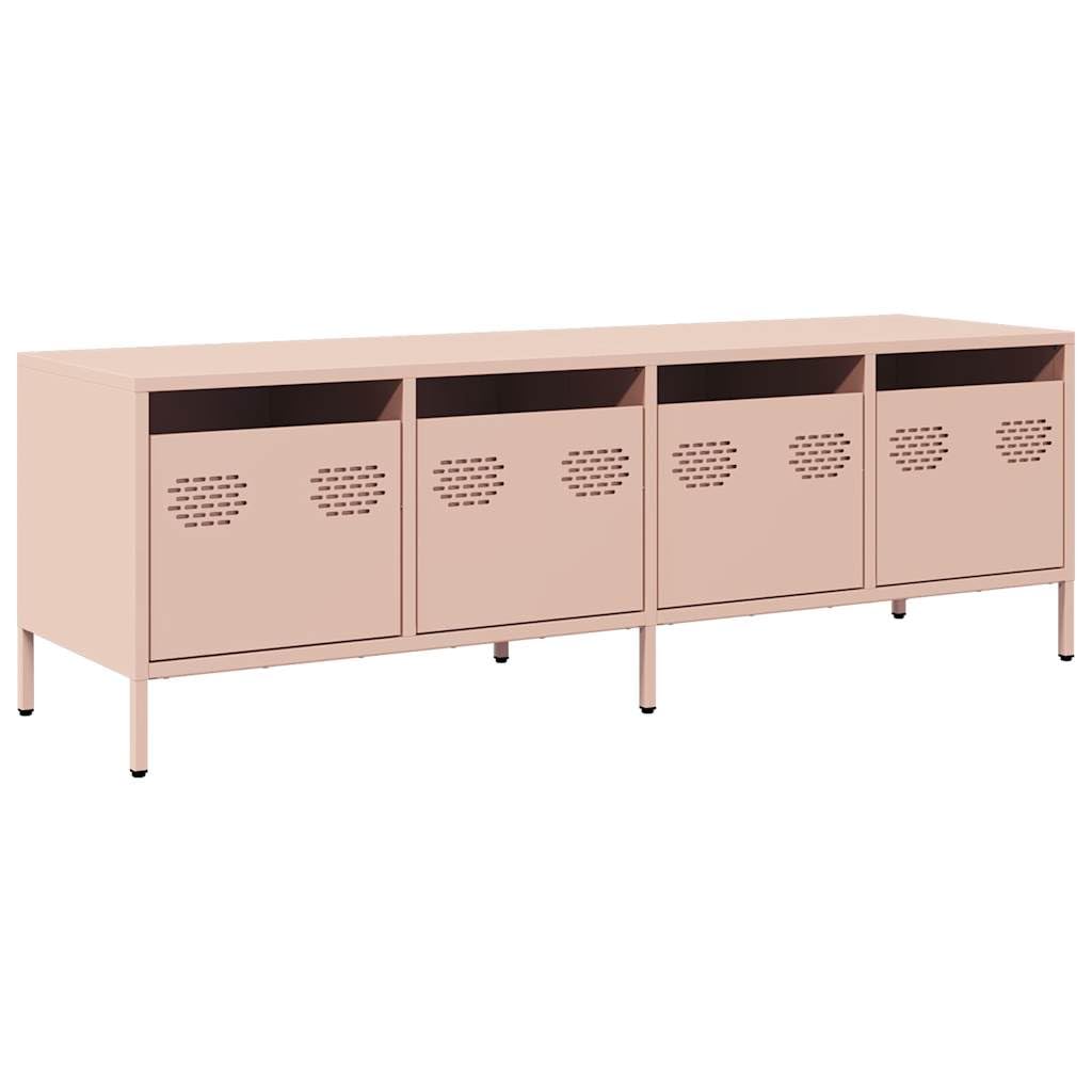 Meuble TV bas de salon rose industriel en métal de 135cm avec rangements tiroirs