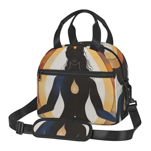 ヨガ瞑想プリント付き断熱ランチバッグ 男女兼用 再利用可能な保温クーラーランチトートバッグ 仕事 ピクニック 旅行 ビーチ 釣り