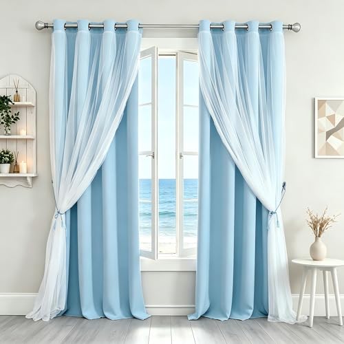 Image of Light Blue Blackout Curtains 84 inch Length - Double Layers Blue Romantic Curtains with Sheer Overlay, Window Curtains & Drapes for Kids /Girls /Boys Bedroom Living Room Nursery, 2 PCs