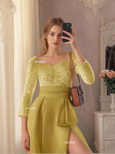 Long Sleeve Formal Prom Dresses Sequin Satin Ball Gowns with Slit Square Neck A Line Evening Gown with Pockets3