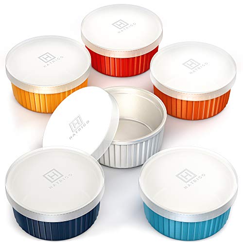 Hatrigo Porcelain Ramekins with Silicone Storage Lids, Set of 6