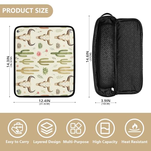 Organizador para herramientas de cabello 2 en 1 y alfombrilla resistente al calor con cierre impermeable para planchas y accesorios de cuidado capilar con diseño de calavera de toro occidental y cactus miniatura 4