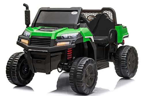 2-Seater Ride on Truck, 12V Electric Ride on Tractor with Trailer, 2+1 Gear Shift Ride On with Remote Control, LED Light, Horn, Music, Bluetooth, Kids Ride On Car with Storage Toolbox (Green)