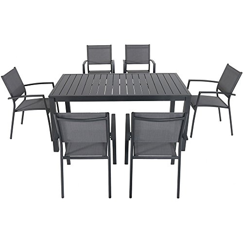 Hanover Naples 7-Piece Outdoor Dining Set | Aluminum 63 x 35 Patio Table with 6 Stackable Sling Chairs | Modern, Comfortable, and Weather-Resistant | NAPDNS7PC-GRY