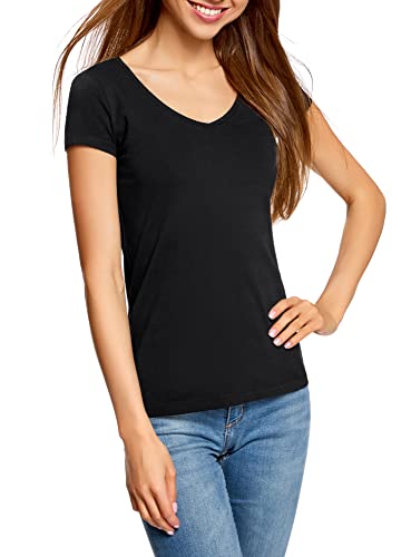 oodji Collection Mujer Camiseta Básica con Escote en V sin Etiqueta, Negro, ES 36 / XS Cover
