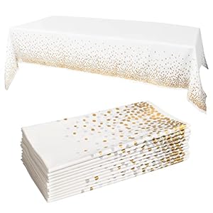 Prestee White/Gold Rectangular Tablecloths, 12pk, 54x108in – Waterproof, Stain-Resistant, Disposable, Polka Dot – for Dining Table, Party, Wedding