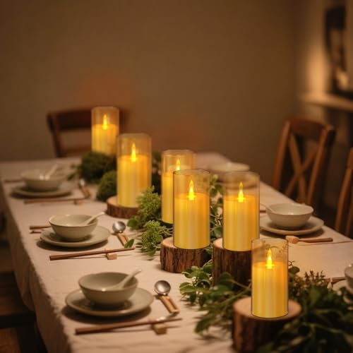 Image of wemarry Flameless Candles Acrylic Glass Pillars 3 inch D x 6 inch H Battery Operated Flickering Candles Include 8-Key Remote with Timer Function 400+ Hours (Amber, Warm Light 2 Pack)