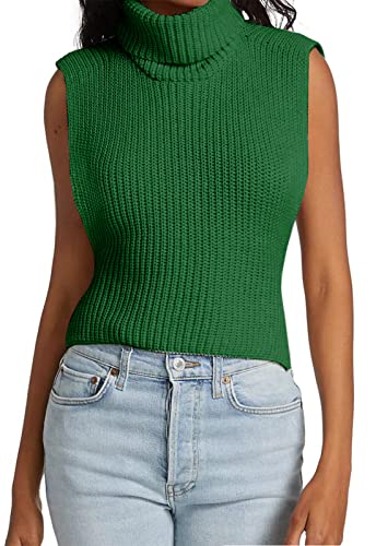 Image of Womens Sleeveless Sweater Vest Turtleneck Ribbed Knit Tank Tops Basic Slim Fit Top