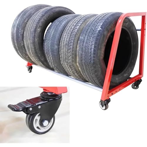 XingLi Heavy Duty 4 Fat Rolling Tire Rack, Garage Floor Tire Storage Rack Painted Red, 50