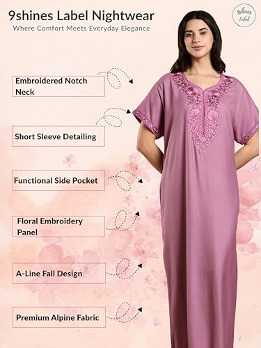 Image of 9shines Label Stylish Alpine Nighty Maxi for Women | Full Length Trendy Nightgown | Premium Nightdress | Nightwear | Heavy Embroidery Nighty with Pockets(2891)