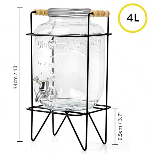 ABOUT SPACE 4 Litre Glass Water Dispenser with Stand - Air Tight Lid Glass Pitcher for Detox Water - Mason Jar - Counter Table Top Juice Infused Water Beer Dispenser for Home Restaurant Party, Black