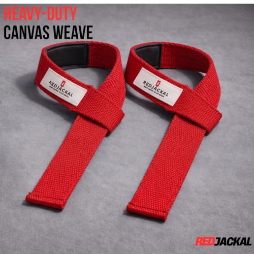 Image of REDJACKAL Single Loop Lifting Straps for Weightlifting - Heavy Duty Padded Cotton Deadlift Straps for Men & Women - Powerlifting, Bodybuilding & Gym Strength Training | 1 Pair Red & 1 Pair Black