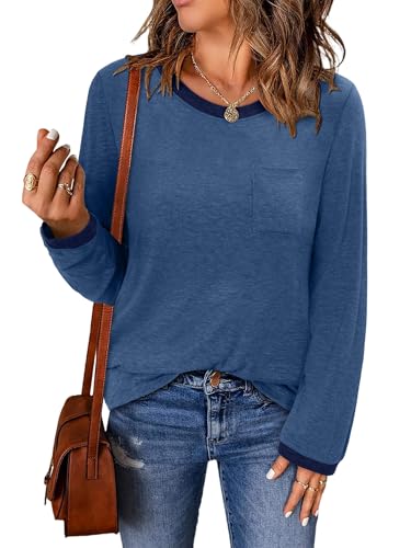 ONLYSHE Women's Casual Striped Long Sleeve Tops Crew Neck Knit Basic Loose Fit T Shirts Fall Fashion Tunic Outfits