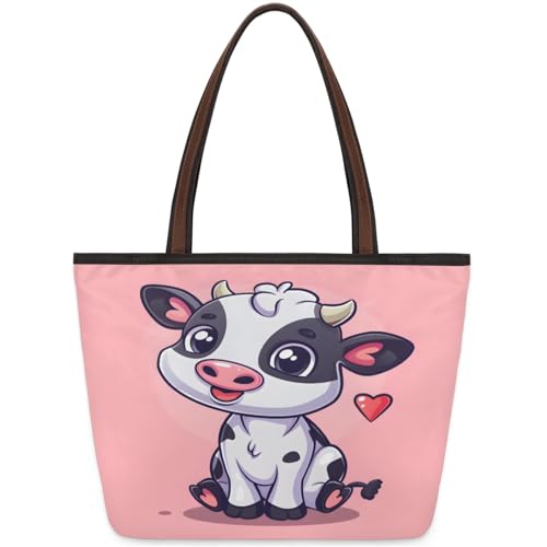 Cute Cartoon Cow Tote Bag Multi Pocket Zippered Beach Bag Lightweight Waterproof Handbag for Women Men Work Gym Travel Swimming Yoga Grocery Shopping L