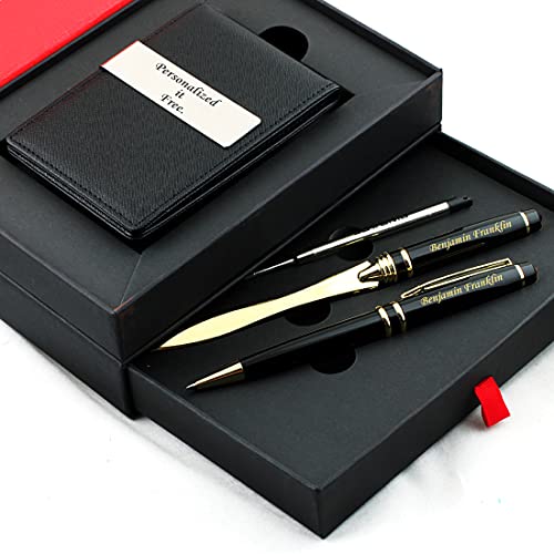 Sotania Free Engraving - Brass, Roller Ballpen, Refillable Pen, Ballpoint pen, Ball pen, Letter Opener Envelope Slitter Gold Letter Opener Gifts for Men, Women, Classy Gift Box (Black_Gift_Set)