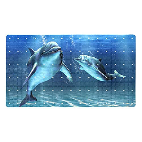 Tapis de bain antidérapant en forme de dauphins avec ventouses et trous de drainage, 39,9 x 70,9 cm