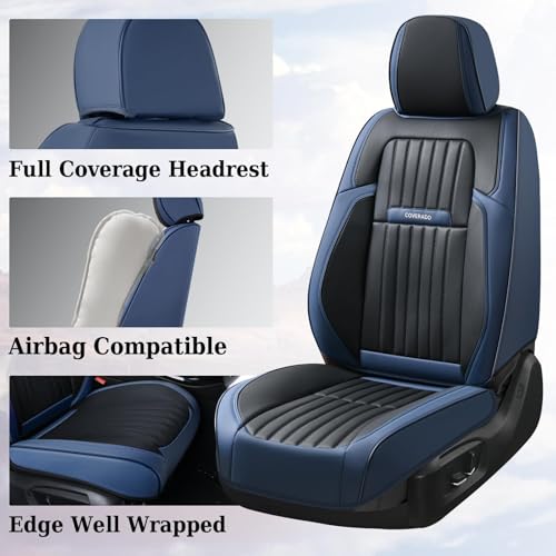 Image of Coverado Car Seat Covers Full Set, Nappa Leather Seat Covers for Cars, Car Seat Cushion Car Seat Protector, Front and Back Seat Protectors Cushions Universal Fit for Most Cars Vehicles(Blue&Black)