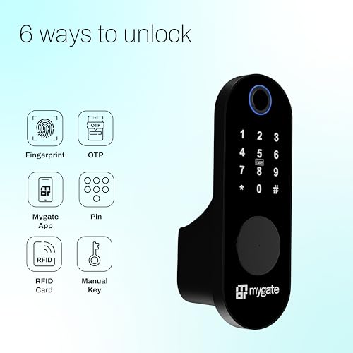 Image of Mygate Smart Lock Edge | Digital Rim Lock for Wooden & Metal Doors | 20-65mm Thickness | 6-in-1 Unlock - Fingerprint, PIN, RFID, App, OTP & Manual Key | Remote Unlock via OTP | 2-Year Brand Warranty