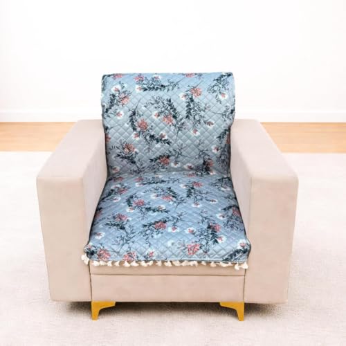 Image of Homerz Premium Printed Quilted Velvet Sofa Slip Cover Protector with Tassels, Sofa Mat, Exact Size, Antislip Cover (Grey Autumn, 1 Seater, Full)