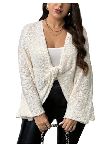 Image of Verdusa Womens Plus Size Open Front Cardigan Sweater Twist Knot V Neck Long Sleeve Pullover Loose Fit Winter Clothes Beige 4X-Large Plus