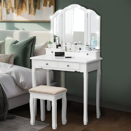 Caroeas Vanity, Tri-Fold Makeup Vanity with Mirror, Lights and Padded Vanity Stool, Solid Wooden Vanity Set, 4 Drawers, 2 Brush Slots and 2 Open Compartments, White Vanity Table