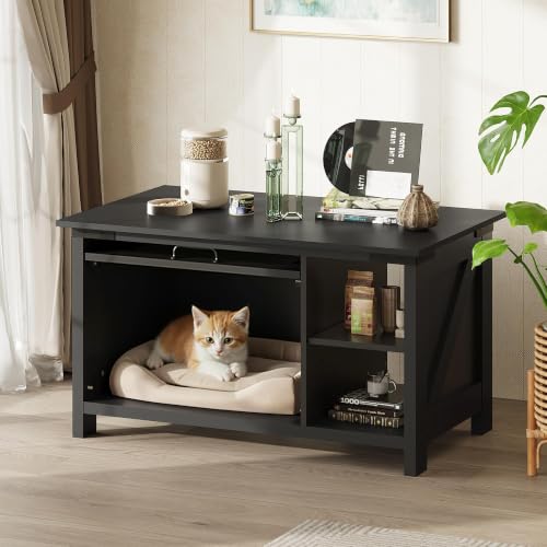 Image of WLIVE Wooden Coffee Table with Flip-up Door, 2-in-1 Cat House, Black