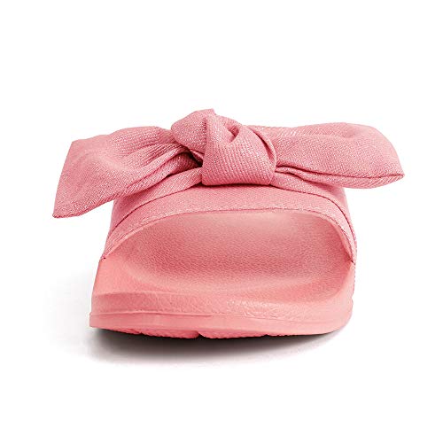 Image of FUNKYMONKEY Women's Bowknot Slides Sandals Comfort Casual Beach Slippers | Soft Denim Fabric Upper & Comfortable EVA Sole, Lightweight Slip-On Slides for Summer, Beach, Pool, and Daily Casual Wear