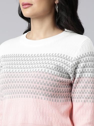 Image of SHOWOFFFF Women Geometric Fitted Casual Top | Round Neck Full Sleeves Knitted Top's for Womens | Regular Fit Midi Tops for Women's