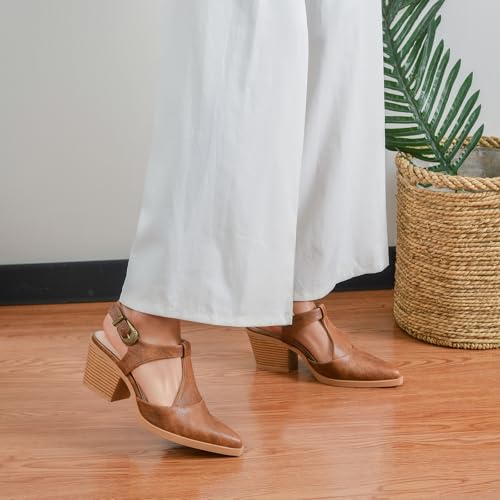 Womens Chunky Block Heels Closed Pointed Toe Ankle T-Strap Pumps Vintage Dress Party Shoes, Brown, Size 7.54