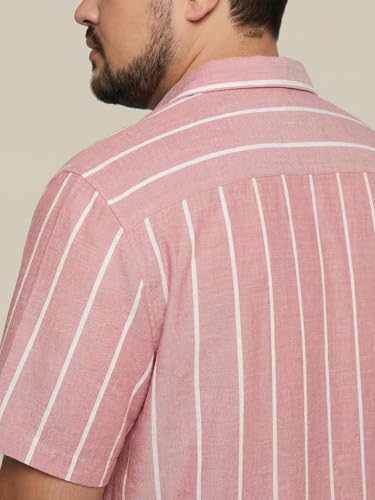 Image of Urbano Plus Men's Cotton Half Sleeve Relaxed Fit Linen Striped Shirt with Cuban Collar