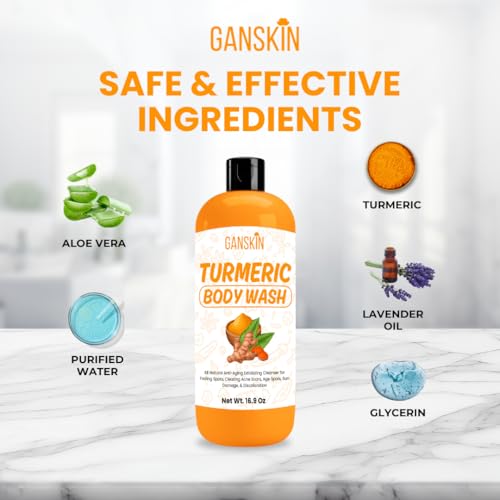 Ganskin Turmeric Body Wash – Skin Brightening Liquid Soap for Discoloration – Natural Anti Aging Exfoliating Turmeric Body Wash for Spots, Acne, Sun Damage – Bath Soap Skincare