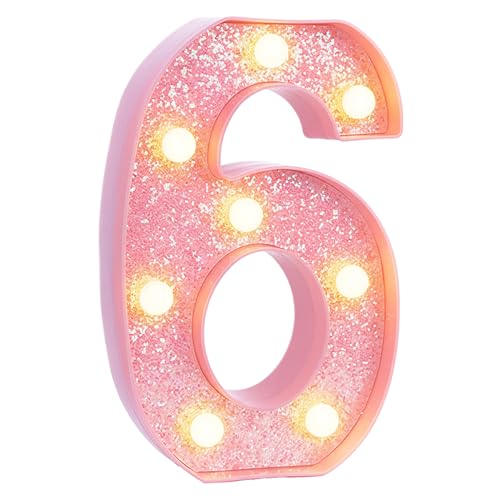 Image of Pink Light Up Marquee Numbers, Glitter LED Number Lights Sign Battery Operated for Girls 6th Pink Birthday Party Table Decorations, 2026 Graduation Decor, 8 Inch Number 6 with Warm White Lights