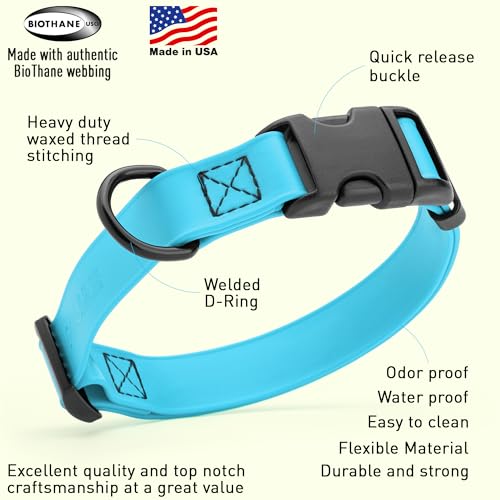 Image of Dogline Biothane Waterproof Dog Collar with Quick Release Buckle Strong Coated Nylon Webbing with Odor- Proof for Easy Care Easy to Clean Fits Small Medium Large Dogs, Cyan Blue 1 inch W 15-25 inch L