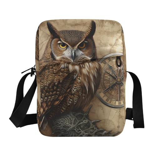 Crossbody Sling Bag for Women Men, Zipper Closure Messenger Bags Vintage Owl Map Print with Card Phone Passport Compartment 6.6×9.4×2.5 IN