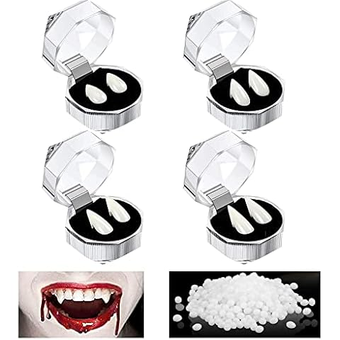 5 PCS Vampire Teeth Kit, Adult Child 4 Sizes Custom Fangs Vampire Teeth Fake Dentures,1 Tube Teeth Pellets Adhesive for Vampire the Masquerade Cosplay Party Props Halloween Party Fangs Cover