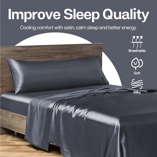 Image of MR&HM Satin Body Pillow Cover, Soft and Breathable Body Pillow Case with Envelope Closure, Cooling and Silky Long Pillowcase for Hair and Skin,Grey (20x54, Space Grey)
