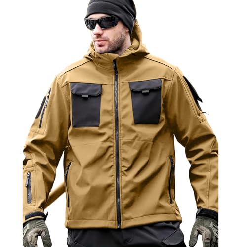 Image of Men's Outdoor Tactical Jacket Softshell Waterproof Lightweight Windbreaker Multi Pockets Hunting Hiking Jackets Khaki XXXL