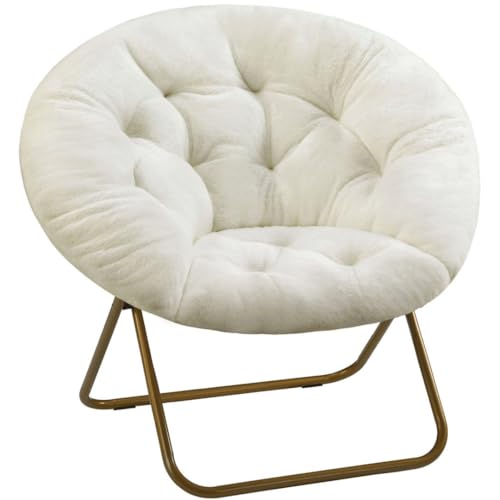 Comfortable Cozy Faux Fur Disc Chair Foldable Feature for Bedroom, Living Room and Dorm, Adult-Sized Relaxation, White