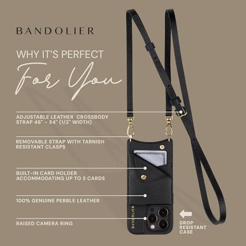 Image of Bandolier Emma Crossbody Phone Case and Wallet - Compatible with iPhone 16 Pro Max Genuine Pebbled Black Leather with 2 Pockets and Removable Shoulder Strap