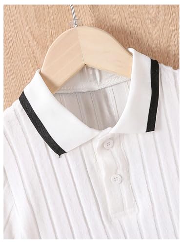 Image of RoseSeek Boy's 2 Piece Summer Outfits Ribbed Knit Color Block Short Sleeve Golf Shirt and Track Shorts Sets White 5Y