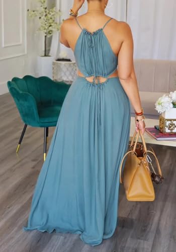 2025 Women Summer Beach Dresses Sexy Cut Out Sleeveless Spaghetti Strap Halter Dress Flowy Maxi Vacation Dress3