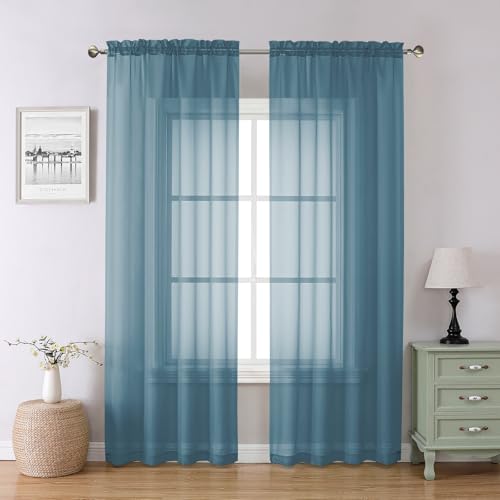 Image of Chyhomenyc Stone Blue Sheer Curtains 84 Inch Length 2 Panels, Light Filtering Dusty Blue Window Curtain Treatment Drapes for Bedroom, Each 42Wx84L Inches