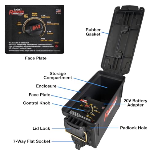 Image of Innovative Products of America Light Ranger MUTT: USA Made Universal Portable & Water-Resistant Trailer Light Tester for 7-Way Spade (J2863) with Adapter (Compatible with DeWalt 20V Batteries)