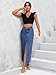 Women's High Waist Stretch Maxi Denim Skirt Front Split Frayed Raw Hem A line Casual Long Jean Skirt (US, Alpha, Medium, Regular, Regular, 9010Dark Blue)