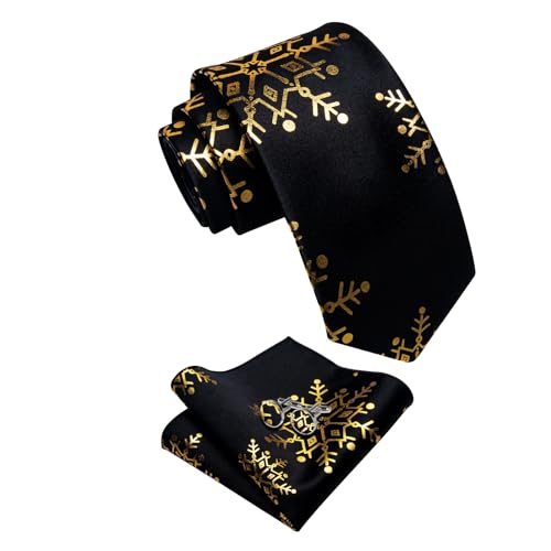 Image of YourTies Christmas Ties for Men Silk Gold Xmas Snowflake Necktie Pocket Square Cufflinks Party Holiday Festival New Year