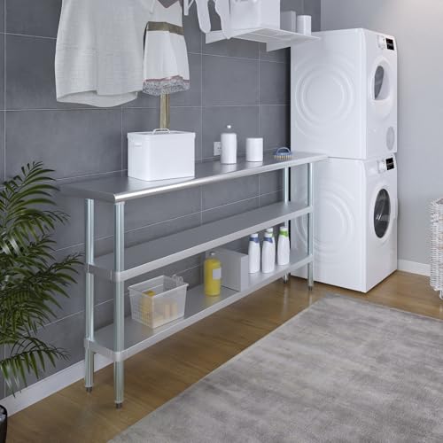Image of AmGood Stainless Steel Work Table with 2 Shelves | NSF | Metal Utility Table (72 inch Long x 14 inch Deep)