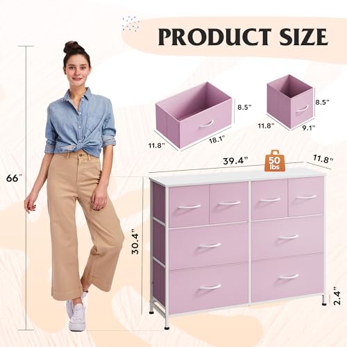 Image of WLIVE Dresser for Bedroom with 8 Drawers, Wide Fabric Dresser for Storage and Organization, Bedroom Dressers, Chest of Drawers for Living Room, Closet, Hallway, Cloudy Pink