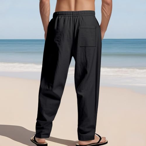 Summer Mens Linen Pants Loose Fit Solid Color Casual Trousers Comfy Lightweight Drawstring Waist Pants Wide Legs Fall Clothing Black S(Black,XX-Large)3