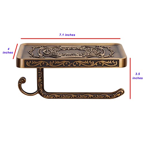 Sdh Antique Brass Toilet Paper Holder With Shelf Space, Aluminum Wall Mount Toilet Tissue Holder With Cell Phone Storage And Hook -Bathroom Toilet Paper Holder Modern Style & Rustproof #TOP3